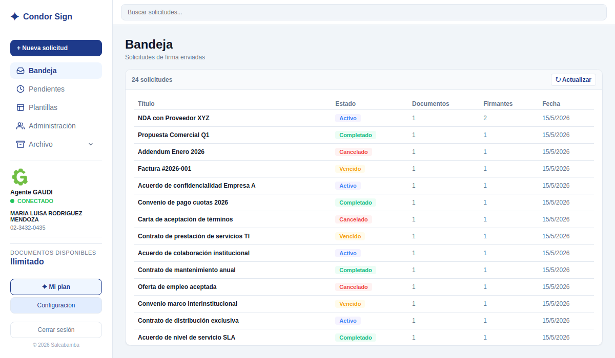 ArcaSign — panel de solicitudes de firma